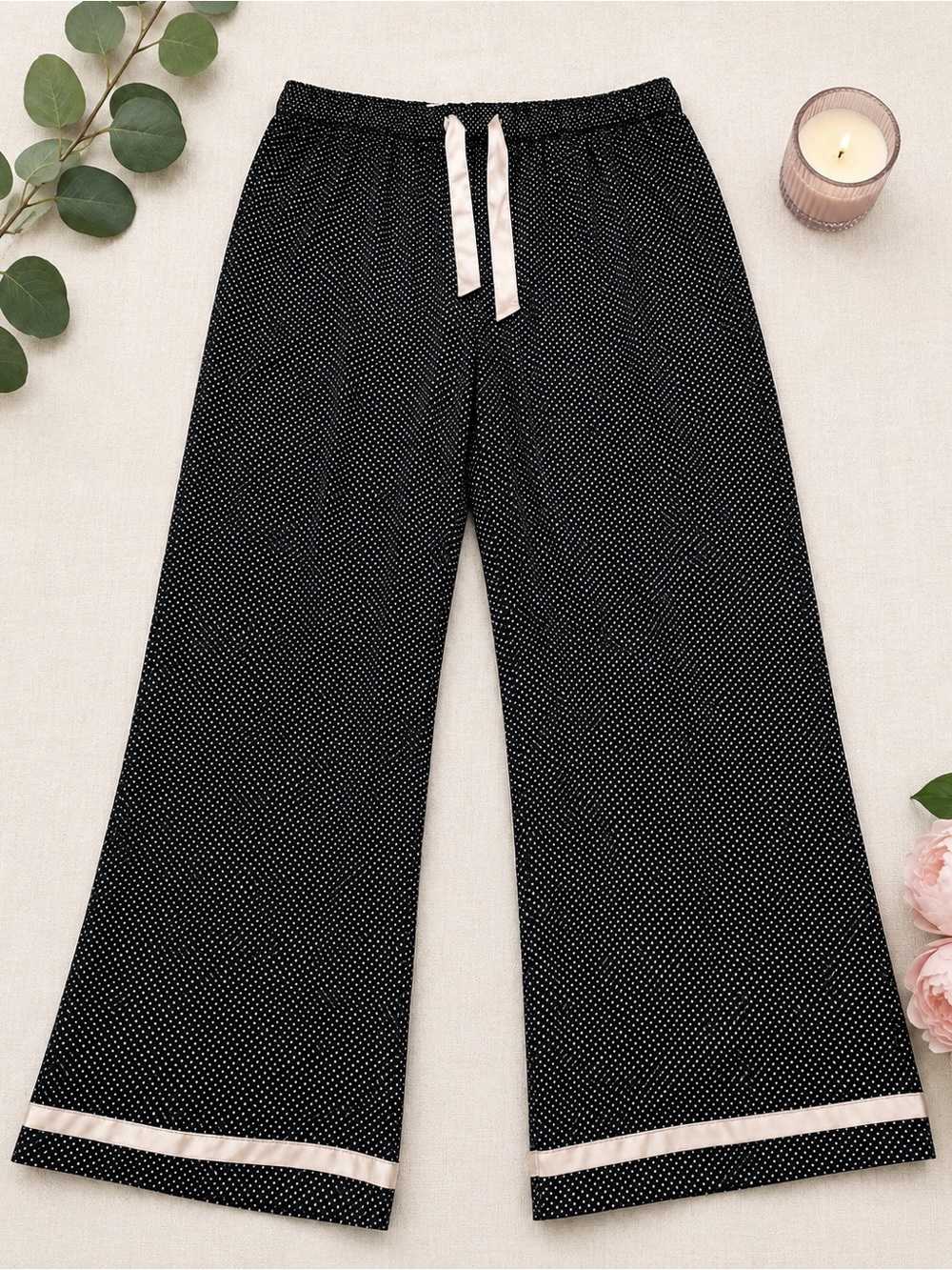 Victoriaâs Secret XL Long Black Polka Dot Satin Trim Pajama Lounge Pants